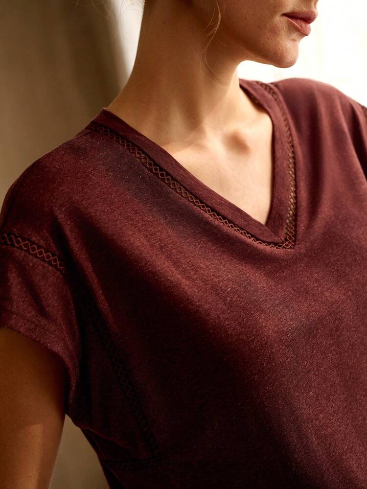 WOMEN'S KNITTED TENCEL LINEN BLEND LACE PATCHWORK T-SHIRT