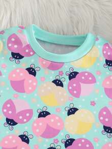 2pcs Young Girls Cute Insect Print Short Sleeve Shorts Knit Snug Fit Pajamas Set - Green - View 4