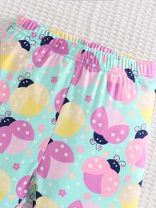 2pcs Young Girls Cute Insect Print Short Sleeve Shorts Knit Snug Fit Pajamas Set - Green - View 5