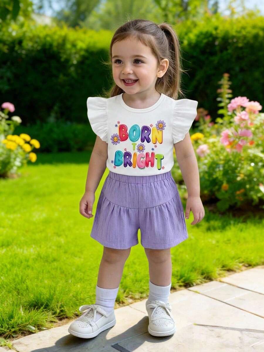 SHEIN 2件套女童圆领泡泡袖T恤+“Born Bright”彩虹标语+花卉装饰+抽绳叠层短裤，活力舒适，适合户外玩耍、日常穿着和休闲聚会的夏季套装。 - 白色 - 查看 1