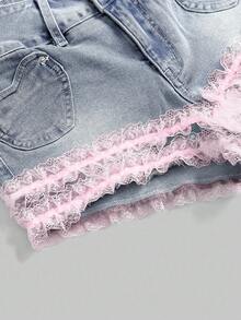 ROMWE Kawaii Söta jeansshorts med hjärtformad rosettdekoration och kontrasterande spetsdetaljer för tonåringar - Blå - Visa 4