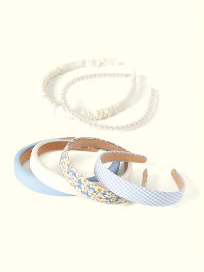 Popjeli 6pcs Women Faux Pearl Decor Ditsy Floral Pattern Sweet Blue Style Headband, For Daily Life Cute,Hairband,Hair Hoop Headbands Hair Accessories Head Accessories