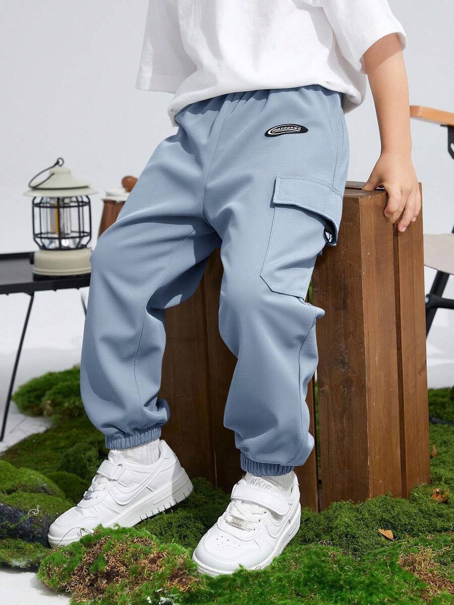 SHEIN 男童休闲街头灰色字母图案松紧腰裤 - 霧霾藍 - 查看 1