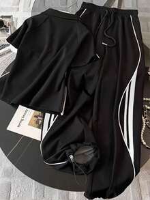 Resyla Áo tay ngắn raglan cổ đứng ôm dáng + Quần thường ngày - màu đen - Xem 2