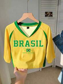 Comfortcana Áo croptop nữ mùa hè tay ngắn cổ chữ V in chữ phối màu tương phản, áo len dệt kim tay raglan. - Nhiều màu - Xem 3