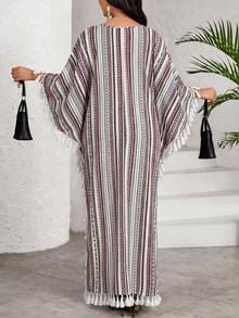 SHEIN Lady Plus Size Striped Fringe Batwing Sleeve Dress Vacation Country - Multicolor - View 2