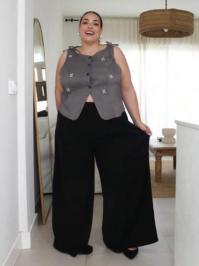 Pretty and Ole 大码曲线女装优雅派对晚宴休闲约会不对称腰巧克力棕色阔腿裤女士长裤大码工作裤优雅女装大码秋季服装大码高腰休闲裤大码教师裤