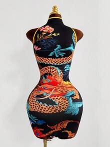 Sunspun Chinese Style Dragon Print Halter Neck Cheongsam Dress, Contrast Color Bodycon Mini Dress, Retro Sexy Sleeveless Dress - Black - View 2