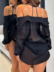 女士性感金属吊带透视内衣，适合外出穿着 - 黑色 - 查看 5