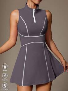 CourtClass CourtClass 2pcs/Set Women's Sports Dress With Yoga Slit,Dusty Purple Summer Athleisure Golf Polo Collar Half-Zip Slip Dress,With Pockets And Legging Pants - Purple - View 4