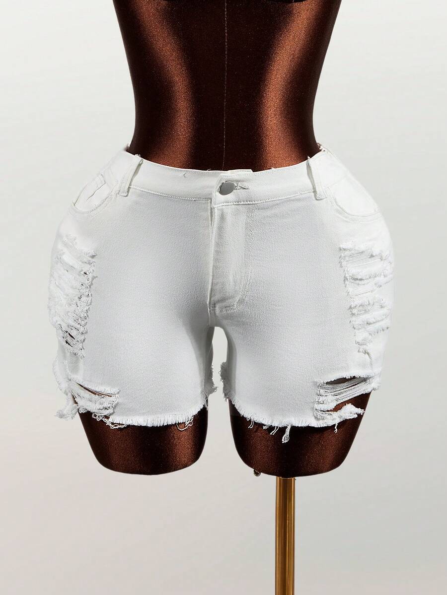 Mistrie Women's Pocket Distressed Frayed Hem Skinny Casual Denim Shorts - Blue - View 1