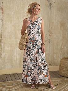 EMERY ROSE 女士休闲树叶图案V领长连衣裙，适合秋夏季穿着 - 彩色 - 查看 4