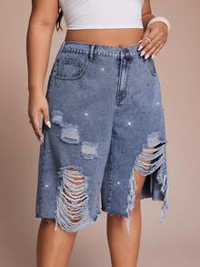 SHEIN PETITE CURVE Shorts vaqueros de tiro alto con efecto desgastado y strass para mujer talla grande, conjuntos de fiesta casuales de verano estilo Y2K, shorts vaqueros sueltos y rectos de moda desgastada para el verano talla grande - Azul lavado medio - Ver 9
