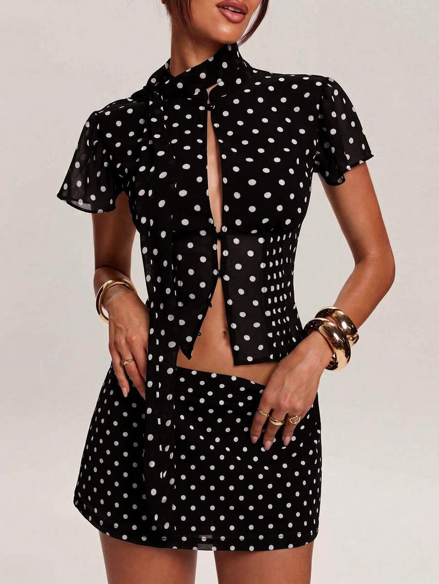SHEIN BAE Women's Polka Dot Pattern Short Sleeve Single-Breasted Sexy Blouse,Summer Top - Black - View 1