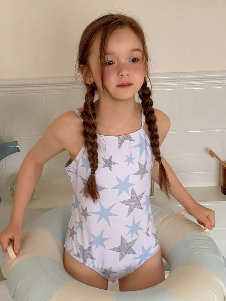 Tween Girls' Star Print One-Piece Swimsuit, Snug Fit One-Piece Swimwear