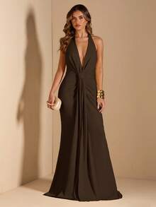 SHEIN BAE Vestido de mujer con cuello en V profundo amarillo, fluido, con lazo en la espalda y drapeado, elegante para primavera/verano - Café integral - Ver 3