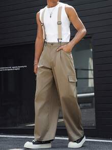 Manfinity EMRG Men's Casual Cargo Pocket Zipper Long Bib Pants, Outdoor - Army Green - View 3