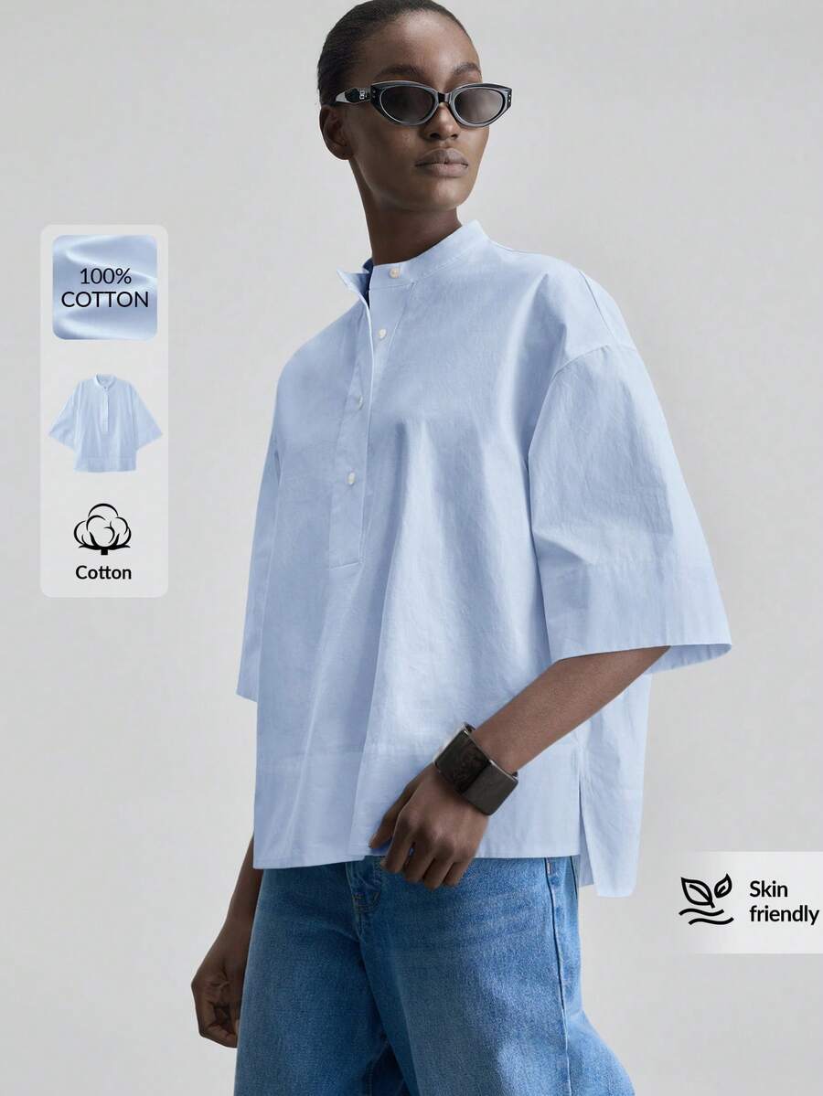 Ontre 女士舒适亲肤缎面面料圆领落肩宽松设计，前短后长廓形，现代都市时尚商务休闲办公装，低调复古高端风格，高品质机场/邮轮穿搭，中东优雅婚礼宾客礼服，简约奢华感必备百搭休闲系列设计上衣 - 藍色 - 查看 1