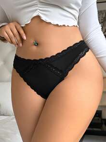 Seduluxe 1 pieza Tanga de encaje con parches para mujer de talla grande - Negro - Ver 3