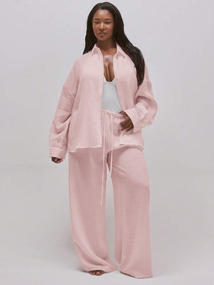 MUSERA Plus Size Linen Tie Front Straight Leg Trousers Swim Vacation Holiday Summer Travel Beachwear Basics Resort Core - Pink - View 1