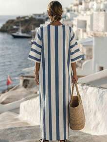 Breezaya Women Blue And White Stripe Summer Boho Holiday Vacation Holiday V-Neck Kaftan Dress,Linen Beach Cover Up,Cruise Resort Wear Nautical Coastal Outfit - Multicolor - View 2