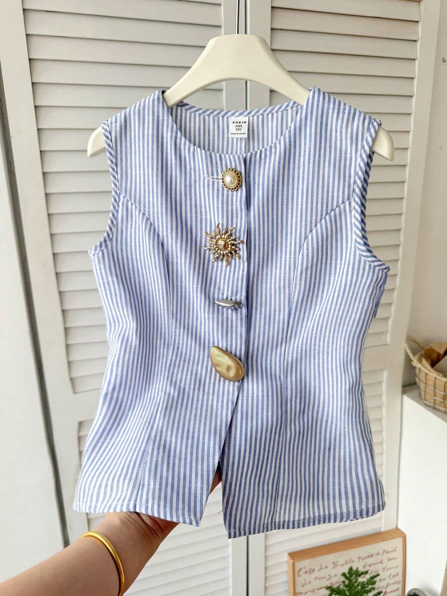 SHEIN 少女休闲优雅无袖蓝白条纹收腰开衩衬衫 - 藍色 - 查看 1