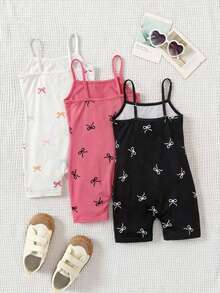 SHEIN 3pcs Set: Young Girl Bow Print Black And White Knit Camisole Jumpsuit + Bow Pattern Knit Casual Jumpsuit,Camisole Jumpsuit,4 Years Old Girl,5 Years Old Girl Outfits,Outfit For Girl,Summer Outfit For Girl,Pink Jumpsuit,Summer Jumpsuit,Girl Clothes, Kid Girl Jumpsuit, Rompers,Girl Romper,Elastic - Multicolor - View 2