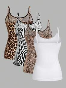 SHEIN EZwear 4pcs Leopard & Zebra Print Casual Minimalist Camisole Vest Tops, Suitable For Summer - Multicolor - View 2