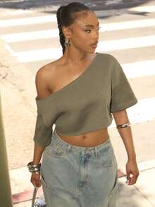 Denimoi Off Shoulder Raw Edge Crop Top Fashionable Streetwear Lounge Wear Everyday Wear - Grey - View 1