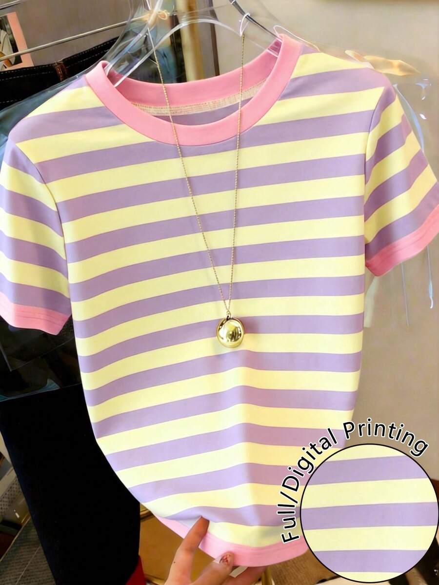 Resyla 女士休闲度假通勤圆领短袖撞色条纹印花T恤，夏季 - 彩色 - 查看 1