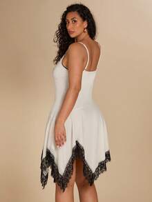 SHEIN BAE Vestido con tirantes finos y encaje con bajo asimétrico, sexy, para primavera/verano - Albaricoque - Ver 3