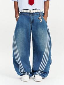 PAVTROS 男士美式街头风做旧褪色条纹直筒牛仔裤 - 藍色 - 查看 5