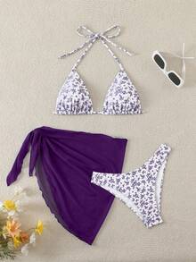 Swim Mod Bộ bikini gợi cảm mùa hè dành cho nữ, họa tiết hoa nhí, kiểu buộc dây cổ, kèm áo khoác ngoài và váy. - Màu tím - Xem 1