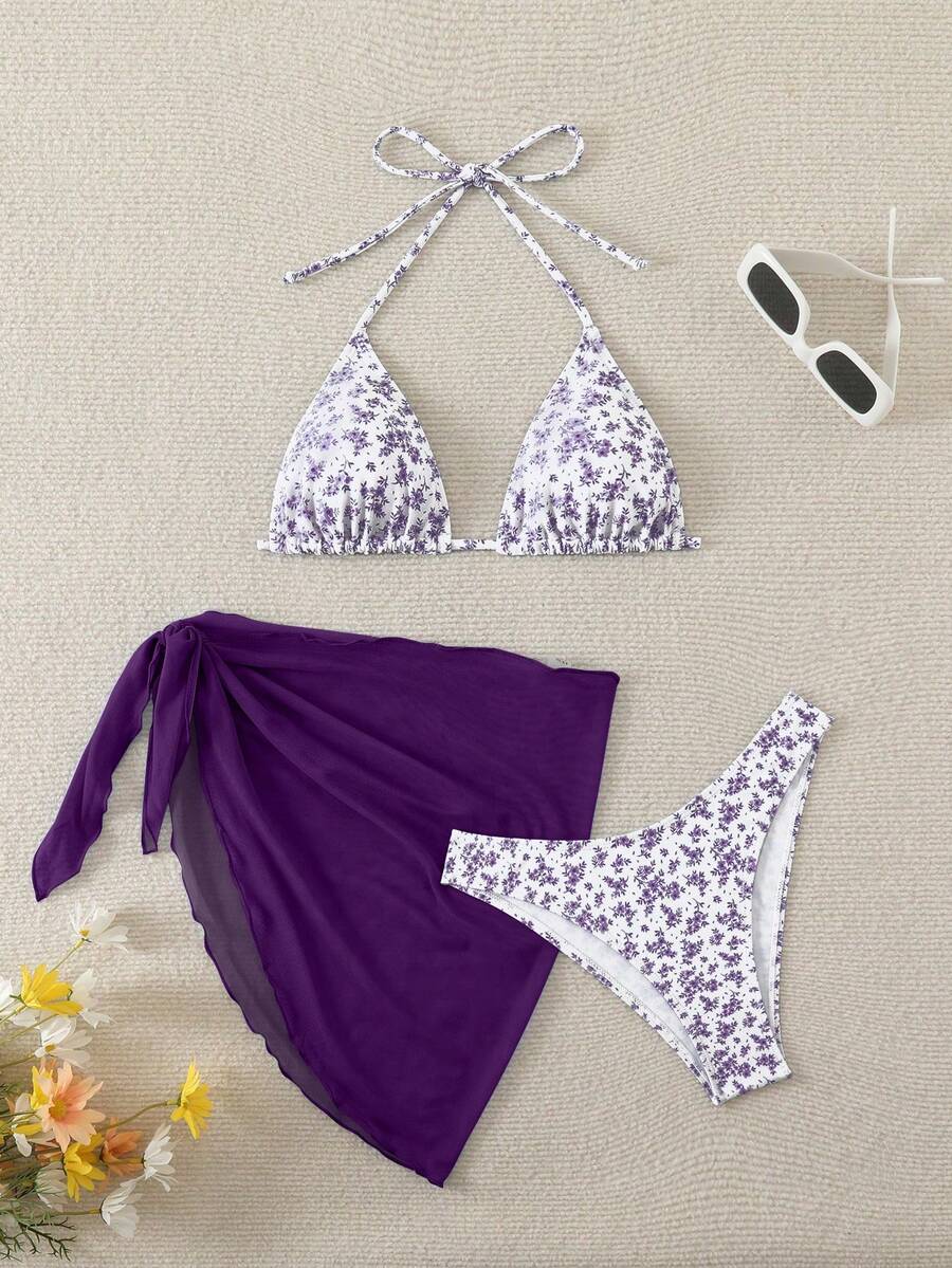 Swim Mod Bộ bikini gợi cảm mùa hè dành cho nữ, họa tiết hoa nhí, kiểu buộc dây cổ, kèm áo khoác ngoài và váy. - Màu tím - Xem 1