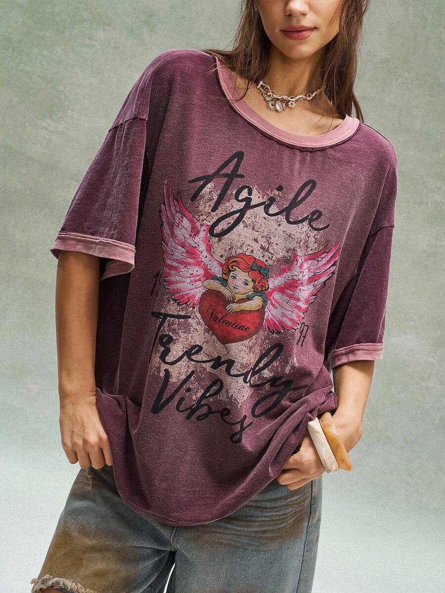 Bohemela 女士休闲针织短袖圆领宽松水洗T恤 - 摩卡棕 - 查看 1