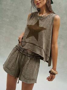 Bohemela 2pcs/Set Women Casual Solid Color Knit Loose Vest & Loose Shorts - Brown - View 2
