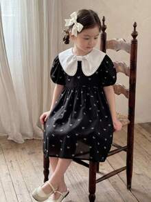SHEIN LMoss Kids 优雅蝴蝶印花撞色A字公主裙，适合返校、春季假期、度假、派对、日常穿着。 - 黑與白 - 查看 6