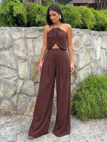 Aloruh Bộ 2 món áo crop top xếp ly màu trơn và quần ống rộng thời trang dành cho nữ - Gỗ đỏ - Xem 3