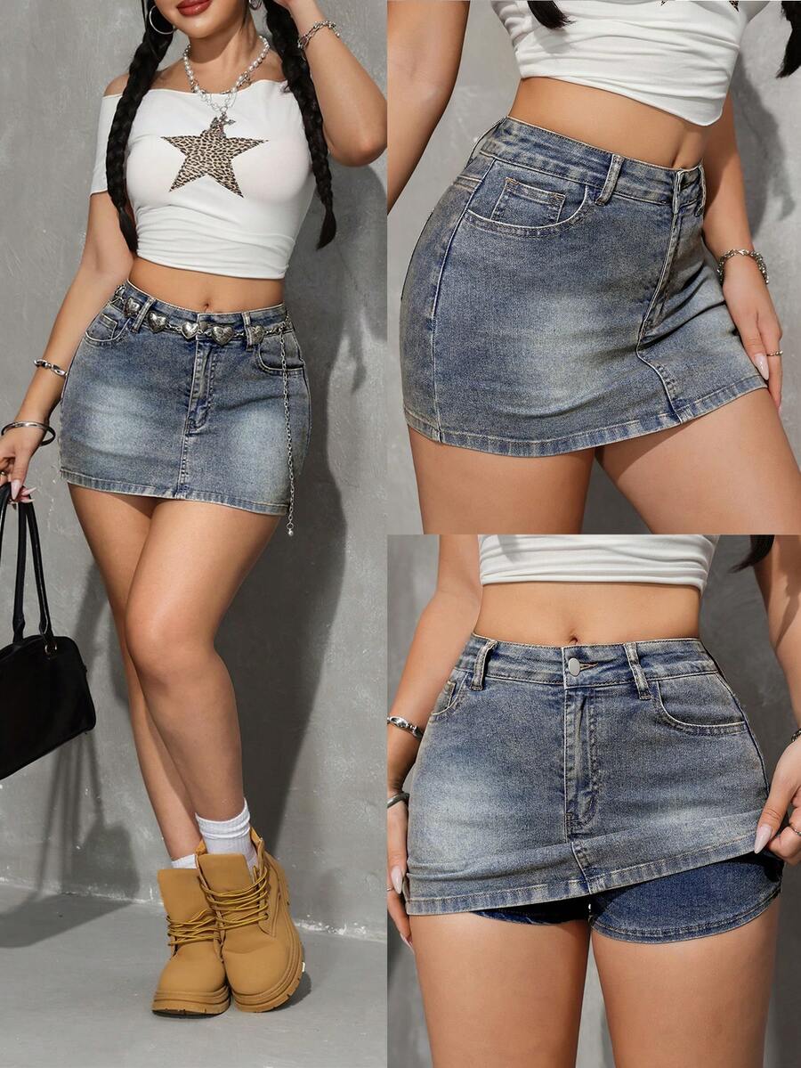 SHEIN PETITE Váy quần jean nữ kiểu dáng thường ngày, có túi và cúc. - Rửa trung bình - Xem 1