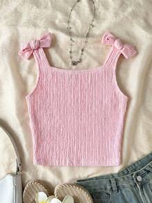 SHEIN Camiseta de punto ajustada con cuello cuadrado, textura de encaje, bordado y patchwork para niñas preadolescentes en vacaciones - Rosa - Ver 2