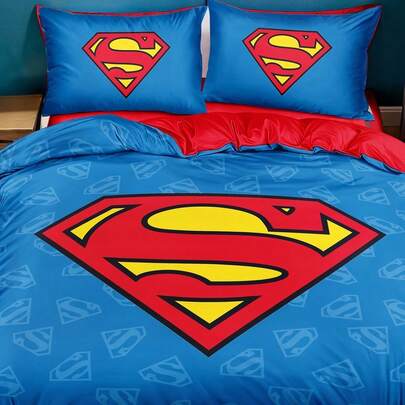 SUPERMAN X SHEIN 三件套卡通图案被套，柔软保暖，可机洗，适合单人/双人/加大/特大尺寸床