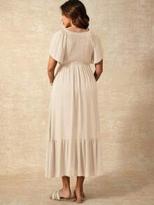 Boho Mama Maternity Elegant Shirred Ruffle Hem Vacation Dress For Summer - Khaki - View 8