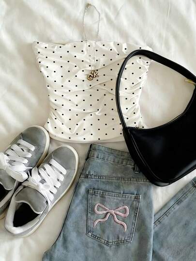 Glimmora 休闲波点荷叶边无肩带上衣，多功能修身短款上衣，适合日常穿着、节日礼物、时尚单品、潮流T恤、吸睛T恤、送给兄弟姐妹的礼物、送给姐妹的礼物、送给妈妈的礼物、母亲节礼物