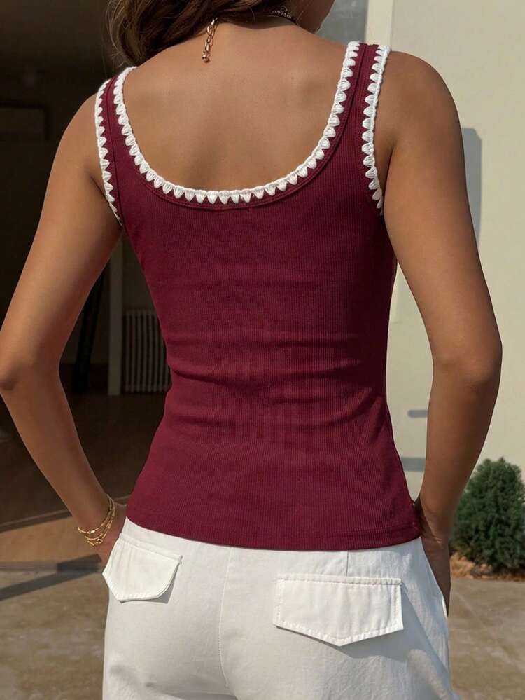 Burgundy Contrast Trim Fitted Casual Tank Top For Summer Holiday