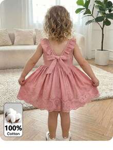 SHEIN Babygirl Cute Vacation Casual Lotus Pink Ruffle Embroidered Pattern Dress - Pink - View 2