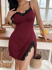 Napfluff Lace Trim Spaghetti Strap Nightgown With Side Slit - Burgundy - View 6