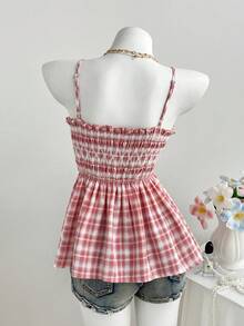 Elamini Áo hai dây crop top xếp ly kẻ caro mùa hè cho nữ, phong cách thường ngày thoải mái. Trang phục mùa hè cho nữ, áo nữ mùa hè dễ thương, áo kẻ caro. - Hồng - Xem 2