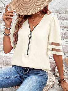 EMERY ROSE Camisa casual de malla y parches para mujer de vacaciones - Albaricoque - View 7