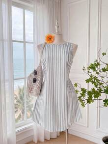 Comfortcana Đầm cotton dáng suông không tay kẻ sọc xanh trắng, cỡ lớn, kiểu dáng thường ngày đi nghỉ mát, có nơ phía sau, thích hợp cho mùa xuân/hè. - Xanh và trắng - Xem 6