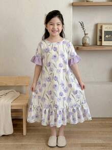 SHEIN Đầm mặc nhà in hoa cho bé gái tuổi teen - trắng - Xem 5